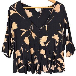 Vintage Black Tan Floral Blouse | High Low V-Neck Top | Women’s Large